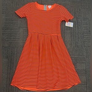 NWT LuLaRoe Amelia Dress in Neon Orange and Black Stripes SZ XL